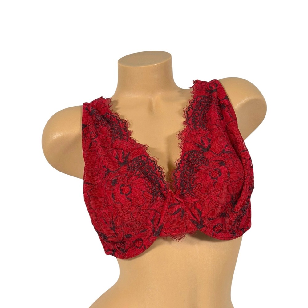 Cacique Women's Red Black Floral Lace‎ Unlined Full Coverage Underwire Bra 44D